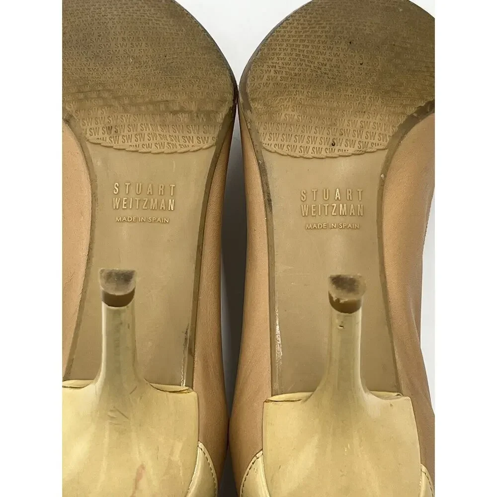 Stuart Weitzman Nude Tan Leather Patent Cap Toe Classic Heel Gold‎ Accent Sz 9.5